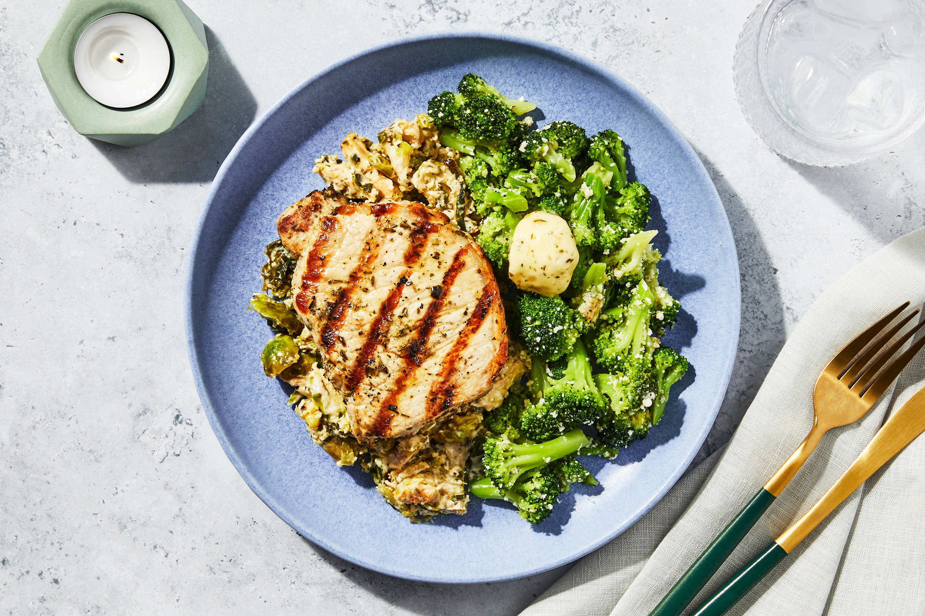 Garlic Rosemary Pork Chop with Creamy Parmesan Brussels & Garlic