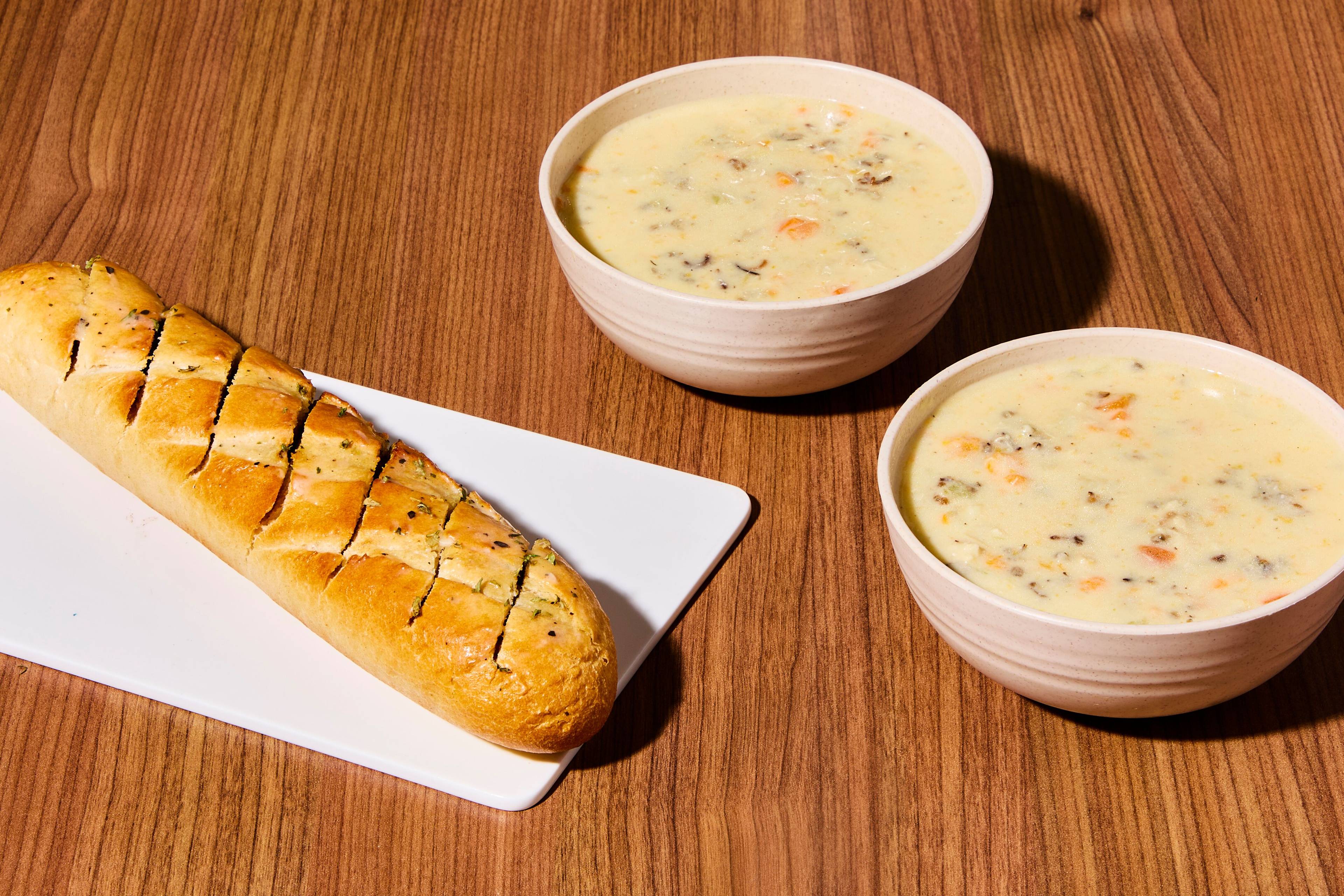 Creamy Chicken & Wild Rice Soup with Garlic Bread