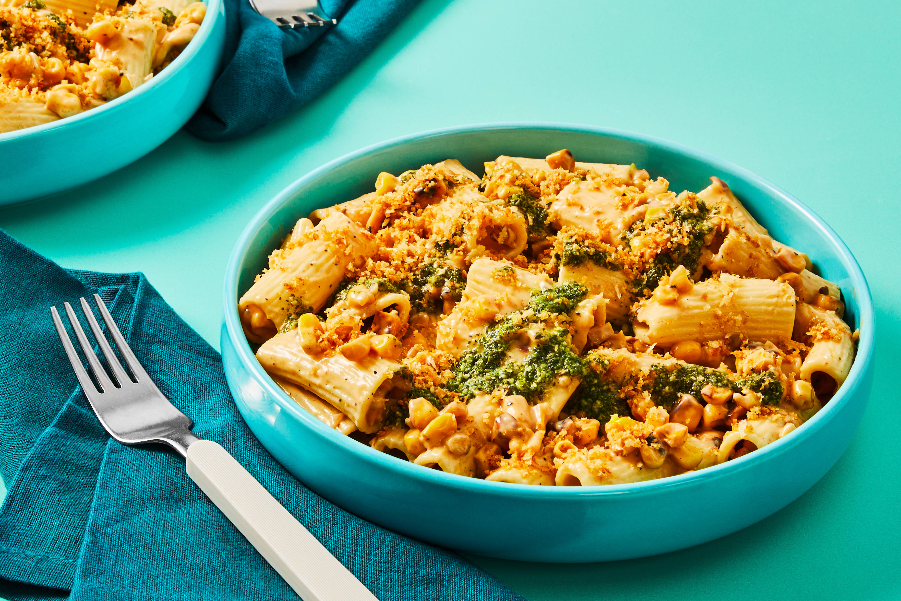 Sweet Corn Pesto Bacon Rigatoni