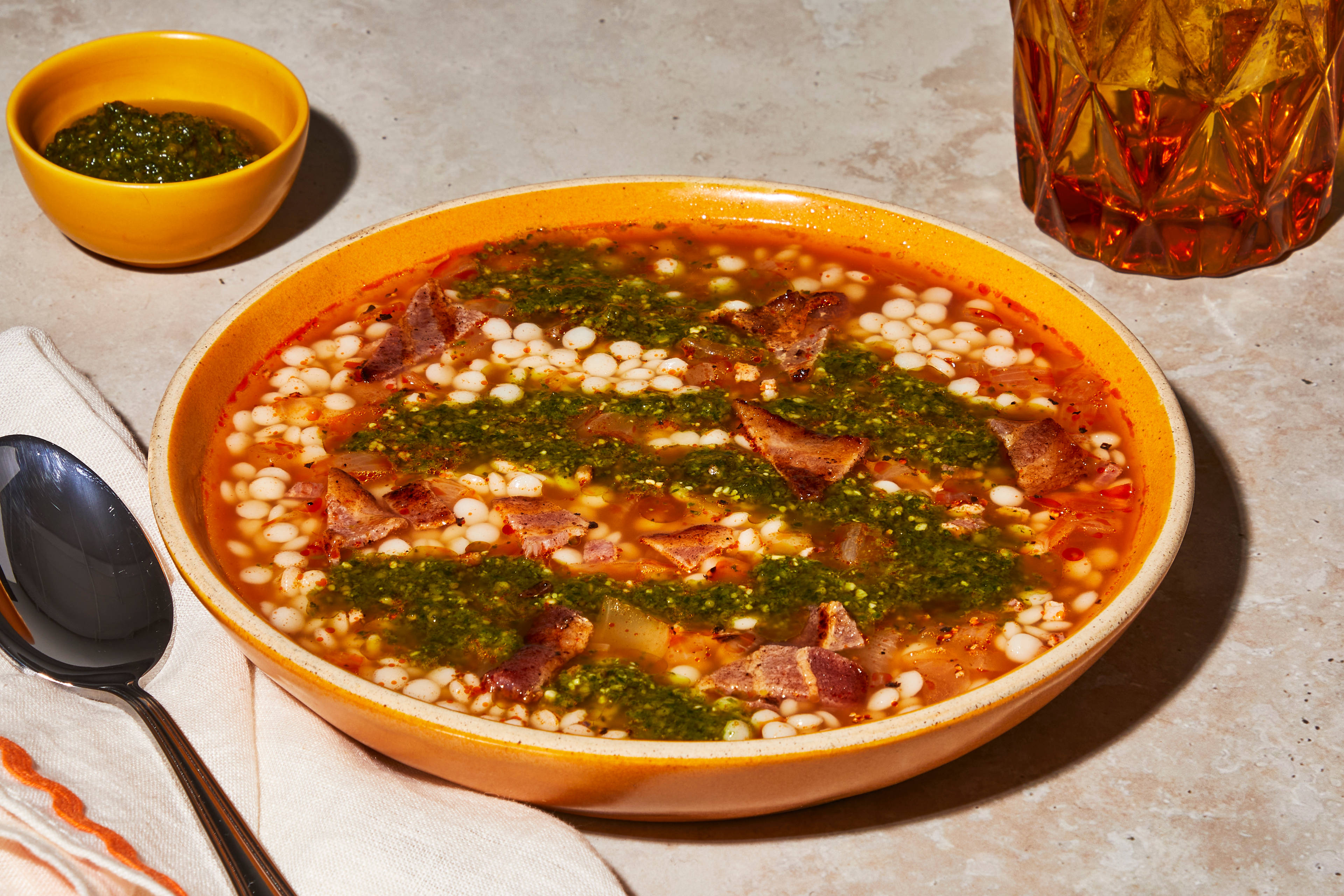 Quick Pesto Tomato & Shrimp Soup
