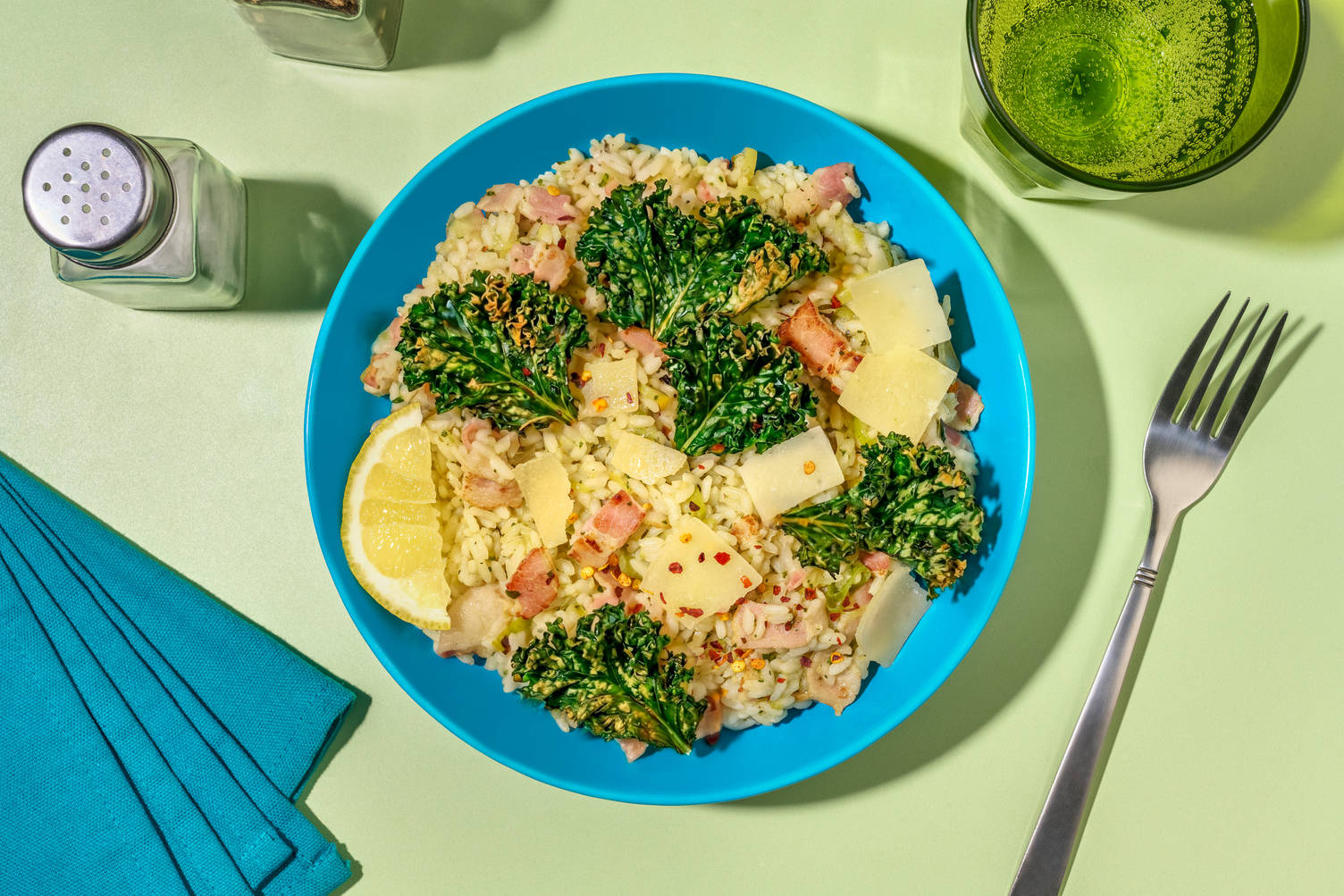Baked Chicken, Crispy Kale & Leek Risotto