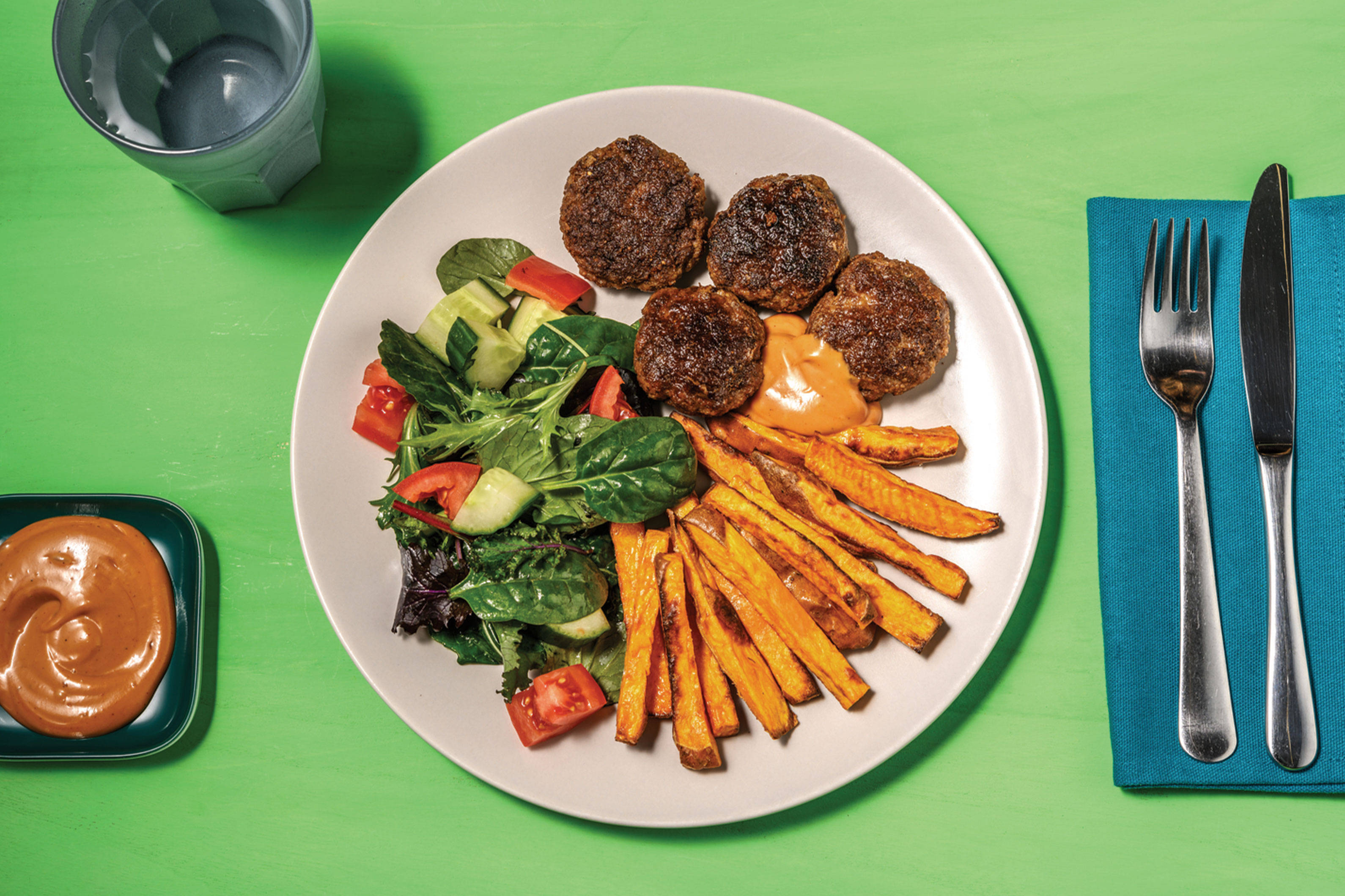 Spiced Beef Rissoles & BBQ Mayo w/ Sweet Potato Fries