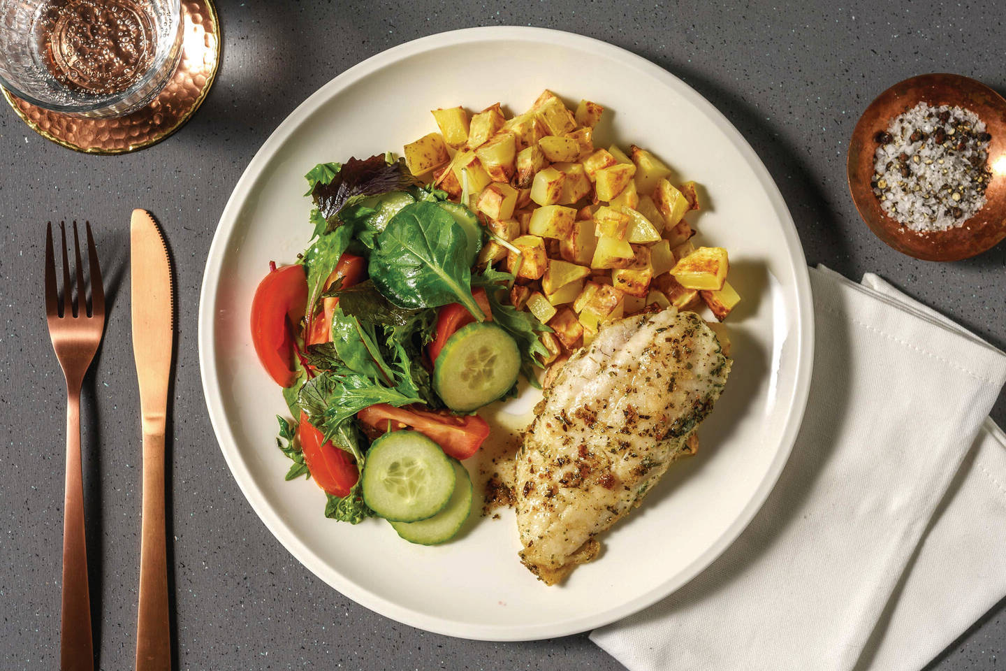 Garlic Butter Fish & Potato Chunks w/ Garden Salad 